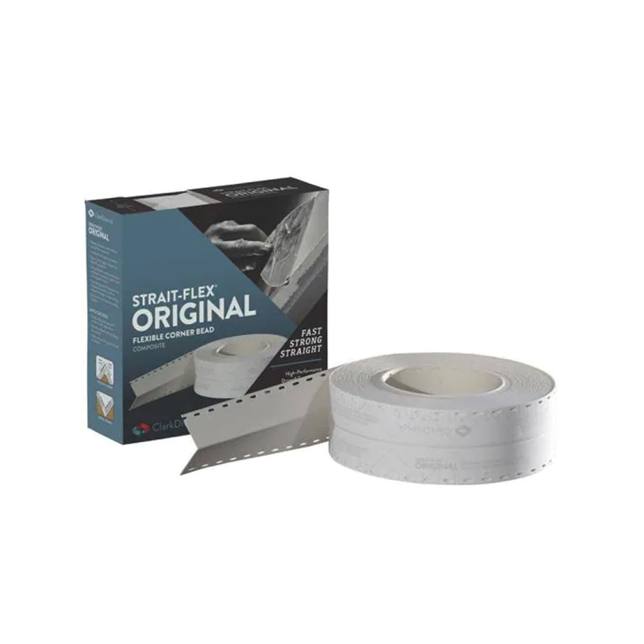 A roll of STRAIT-FLEX SO-100S, known for its strong bond, lies beside its box depicting hands using the 2-3/8 in. x 100 ft. Original Composite Flexible Corner Bead on drywall corners, with emphasis on its slotted edges and user-friendly application.